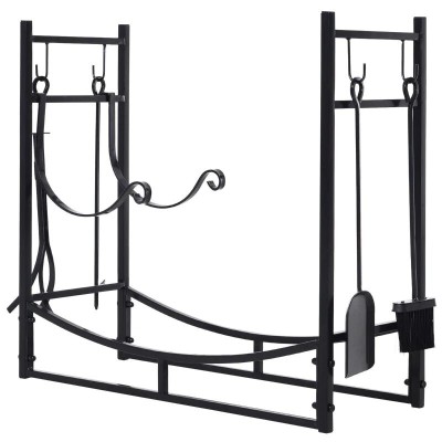 Suport lemne semineu pentru interior/exterior, metalic, negru, cu 4 accesorii, 2 carlige detasabile, 84x33x76 cm foto