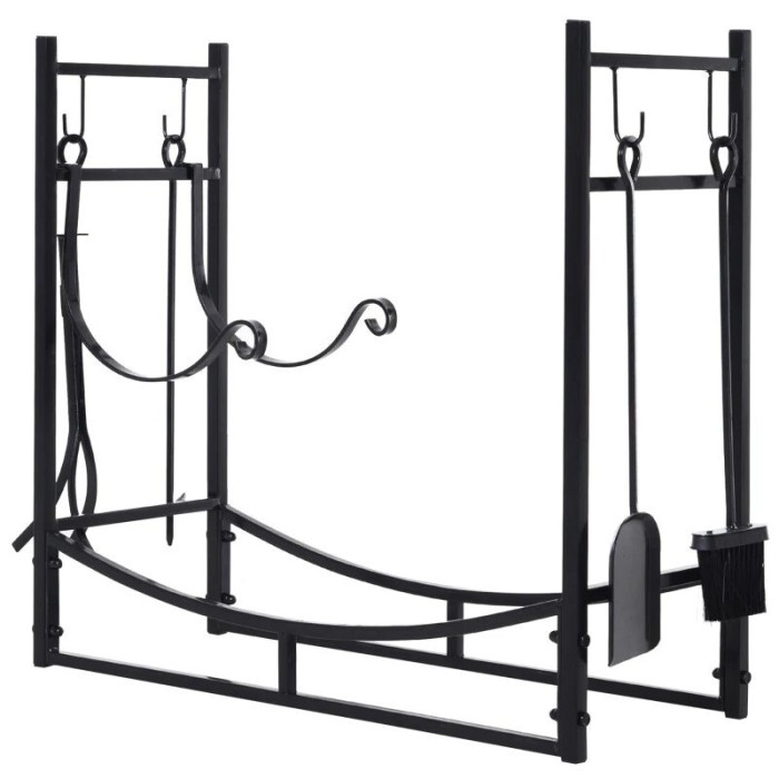 Suport lemne semineu pentru interior/exterior, metalic, negru, cu 4 accesorii, 2 carlige detasabile, 84x33x76 cm