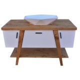 Masca lavoar lemn masiv + mdf alb, 3 usi si un raft mare, 120 x 55 x 75 cm