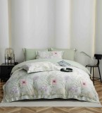 Cumpara ieftin Lenjerie de lux pentru pat dublu,bumbac finet,6 piese,cearceaf cu elastic,alba verde deschis,cu flori-A1015, Jojo Home