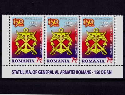 ✅RO 2009 ,LP 1849 ,&amp;quot;Statul Major -150 ani &amp;quot;straif de 3 din mcoala- tab jos,MNH foto