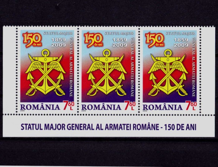 ✅RO 2009 ,LP 1849 ,&quot;Statul Major -150 ani &quot;straif de 3 din mcoala- tab jos,MNH