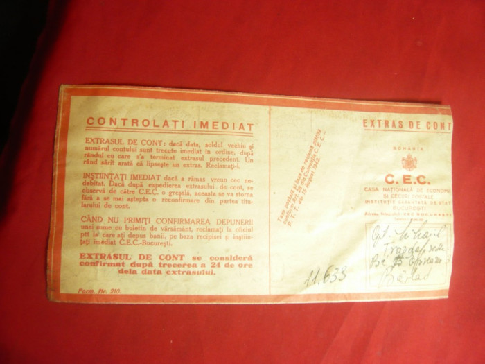 Plic de Extras de Cont 1944 circulat , CEC la Barlad