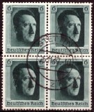 Bloc de 4 Timbre Germania 1937 - Aniversare Hitler 6 Pf., Ștampilă Centrală Clară STETTIN 1937 (Mi. 646x4) -A222
