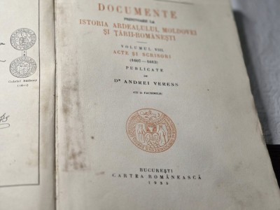 Dr. Andrei Veress - Documente istorice Ardeal, Moldova si Tara Romaneasca 1935 foto