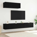 Set dulap TV cu 3 piese montat pe perete din stejar negru, lemn prelucrat