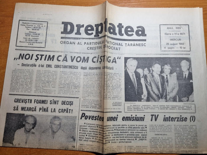 dreptatea 26 august 1992-emil constantinescu si-a depus candidatura,tatulici