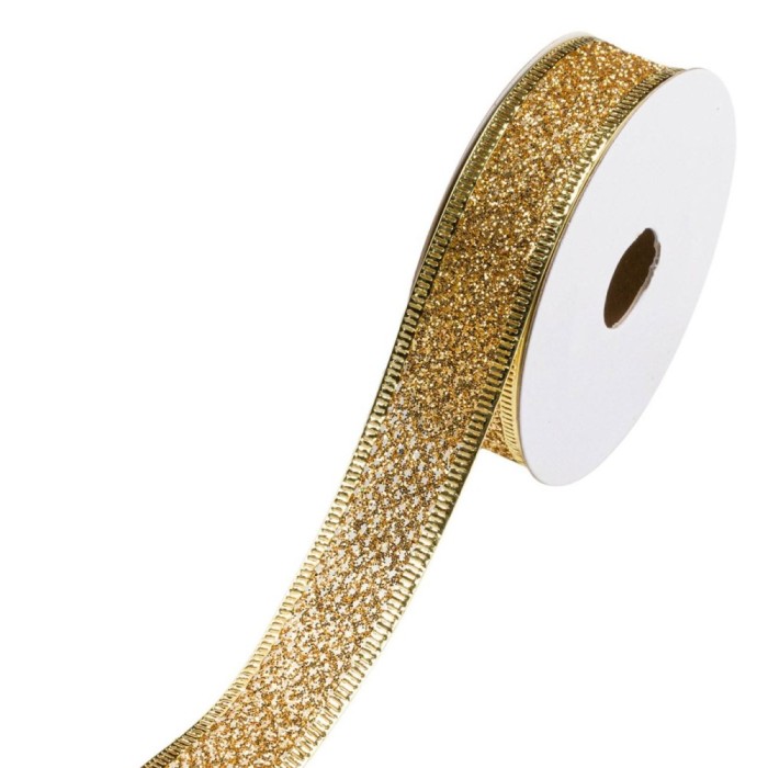 Panglică Brad Crăciun, Glitter Auriu, Nailon, Lungime 5m, Lățime 22mm