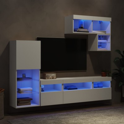 Unități de perete TV cu LED-uri, 6 piese, alb, lemn prelucrat foto