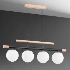 Lustra suspendata din lemn, 4 globuri sticla albe , dulie E27, culoare corp lemn/negru, inaltime reglabila
