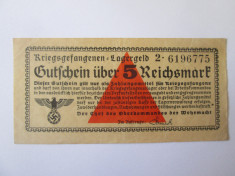 Rara! 5 Reichsmark 1939-1945,bancnota circulata in lagarele prizonieri Germania foto