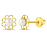 Cercei Copii din Aur 14K, model Floare cu Perla de Cultura, cu Filet si Protectie
