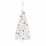 Set brad Crăciun artificial jumătate cu LED&amp;globuri alb 240 cm