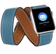 Curea iUni compatibila cu Apple Watch 1/2/3/4/5/6/7, 42mm, Double Tour, Piele, Albastru foto