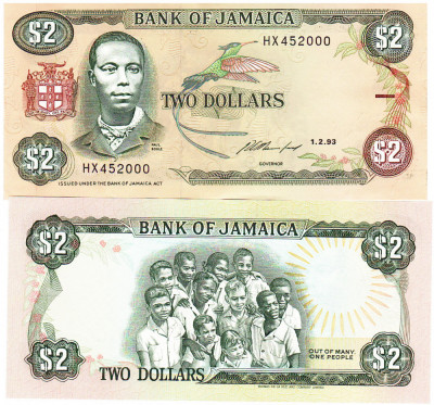 Jamaica 2 Dolari 1993 P-69e UNC foto