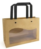 Pungi hartie kraft natur cu fereastra 260x215x110mm, set 10 buc, rezistente, manere negre kraft