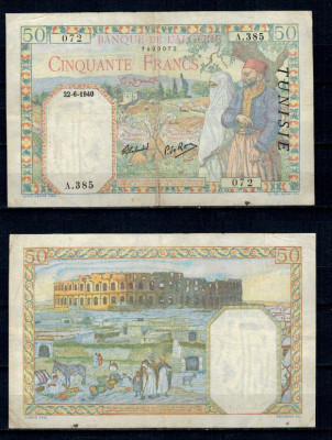 Tunisia 1940 - 50 francs, supratipar pe Algeria, circulata foto