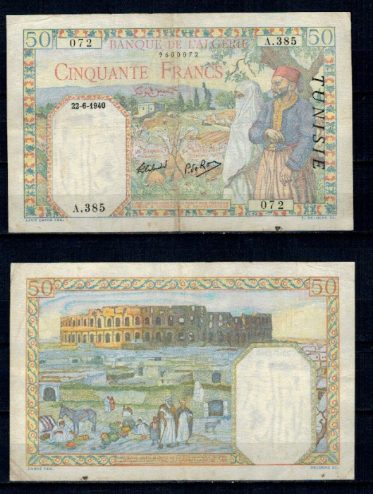 Tunisia 1940 - 50 francs, supratipar pe Algeria, circulata