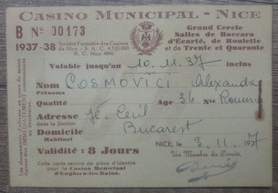 Tichet acces Casino Municipal de Nice al romanului Alexandru Cosmovici, 1937 foto