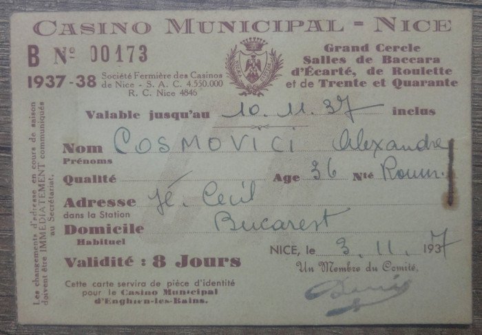 Tichet acces Casino Municipal de Nice al romanului Alexandru Cosmovici, 1937