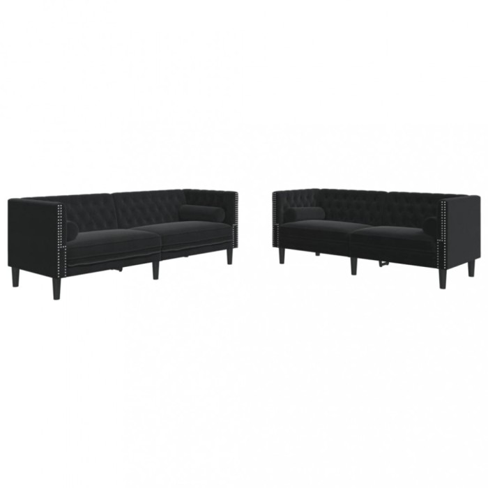 Set canapele Chesterfield cu perne rulou 2 piese negru catifea