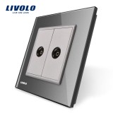 Priza dubla TV Livolo gri cu rama din sticla pentru montaj incastrat