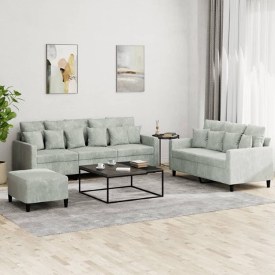 vidaXL Set de canapele cu perne, 3 piese, gri deschis, catifea foto