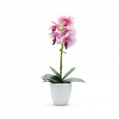 Orhidee artificiala siliconata cu aspect 100% natural in bol de ceramica, 50 cm, Roz cu Alb foto