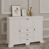 Comoda living VM6P, o usa rabatabila pentru bar, 2 usi fixe, 3 sertare, Pal melaminat, cu insertii MDF, Alb Antichizat