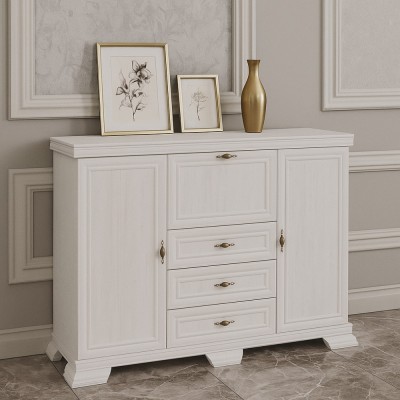 Comoda living VM6P, o usa rabatabila pentru bar, 2 usi fixe, 3 sertare, Pal melaminat, cu insertii MDF, Alb Antichizat foto