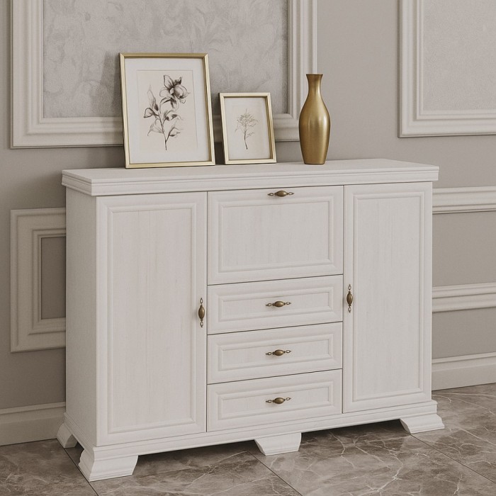 Comoda living VM6P, o usa rabatabila pentru bar, 2 usi fixe, 3 sertare, Pal melaminat, cu insertii MDF, Alb Antichizat