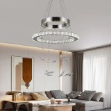Lustra LED cu telecomanda si cristal 37W, 2 Cercuri, lumina Rece/Calda/Neutra, Dimabila, Crom Lucios, Inaltime Reglabila