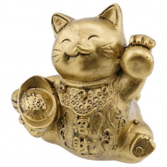 Statueta feng shui din rasina cu pisica maneki neko si pepite pentru prosperitate 65cm