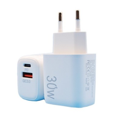 Incarcator Fast Charging pentru Telefon, Flippy, Dual Port USB-A si USB-C cu Cap de Incarcare Standard European, 30W Q.C 3.0, Alb foto