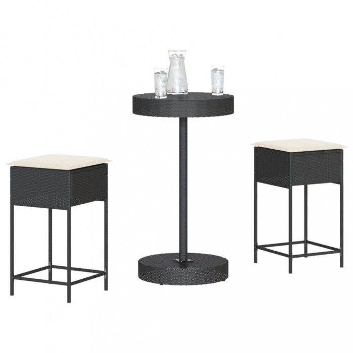 vidaXL Set mobilier bar de grădină cu perne, 3 piese, negru, poliratan 3261441