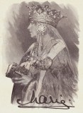Cumpara ieftin ✅Gravura 1925 &quot;Regina Maria&quot;,xilogravura, gravor Henri Breuer, publicata Mariani, Istorice, Cerneala, Realism