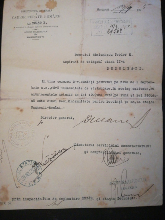 1915 Directiunea CFR, Teodor Simionescu, telegrafist, Dedulești, Buzău, olografe