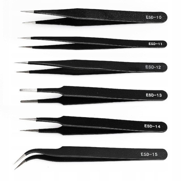 Set 6 pensete de precizie, antistatice, otel inoxidabil, negru