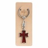 Breloc crestin maro 9.5 cm, cruce lemn 3.5 x 2.2 cm incrustata cu imaginea lui Isus, accesoriu religios cu inel metalic pentru chei, geanta si rucsac