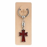 Cumpara ieftin Breloc crestin maro 9.5 cm, cruce lemn 3.5 x 2.2 cm incrustata cu imaginea lui Isus, accesoriu religios cu inel metalic pentru chei, geanta si rucsac