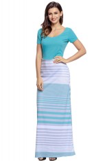 K624-48 Rochie lunga stil maxi cu model dungi si maneci scurte