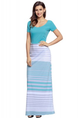 K624-48 Rochie lunga stil maxi cu model dungi si maneci scurte foto