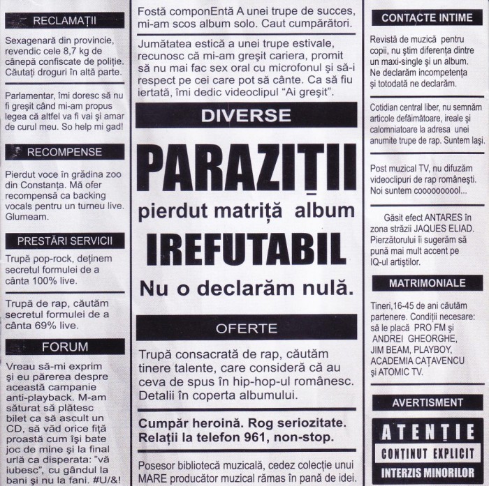 CD Hip Hop: Parazitii - Irefutabil ( 2017, reissue original, stare foarte buna )