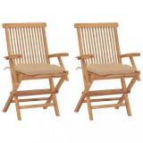 vidaXL Scaune de grădină cu perne, 2 buc., bej, lemn masiv de tec 3062505