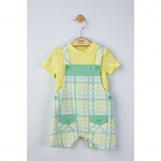 Set salopeta cu tricou in carouri pentru bebelusi, Tongs baby (Culoare: Gri, Marime: 9-12 luni)