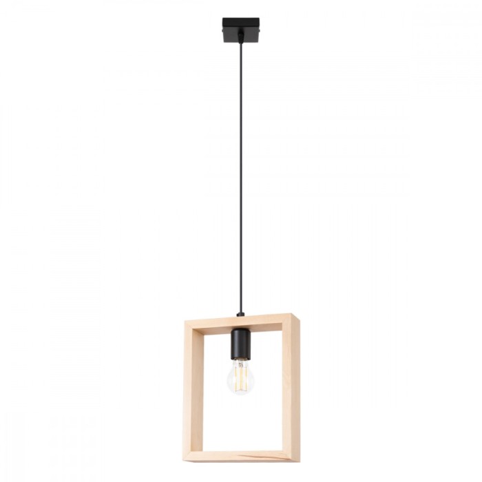 Lampă Suspendată Aries Lemn Natural Oțel/Lemn 1 Bec Pătrat Scandinav De Interior