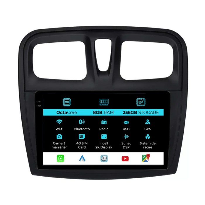 Navigatie Dedicata Dacia Logan Sandero (2012-2020), 2K, 8Gb Ram, 256Gb Stocare, Carplay