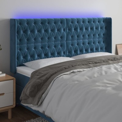 vidaXL Tăblie de pat cu LED, albastru &amp;icirc;nchis, 183x16x118/128cm catifea 3124448 foto
