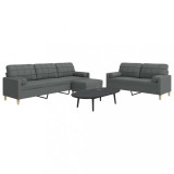 vidaXL Set canapele cu taburet și perne, 3 piese, gri &icirc;nchis, textil