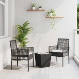 Set bistro de grădină, 3 piese, cu perne, negru, poliratan